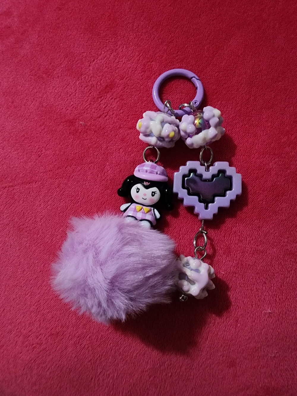 Lilac Pom-Puff Keychain Charm with Doll and Heart Accent